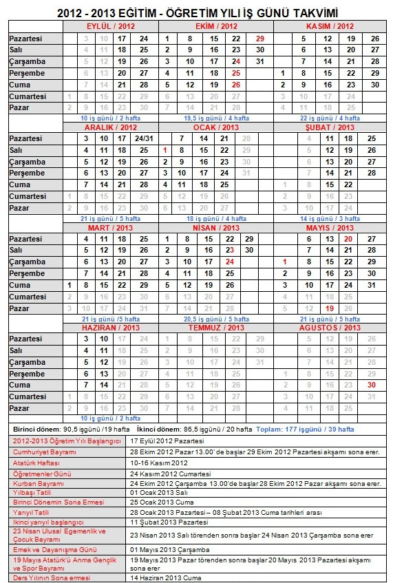 2012-2013 yılı çalışma takvimi